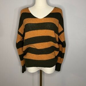 V-Neck Sweater - Muted Orange and Olive Green Stripes